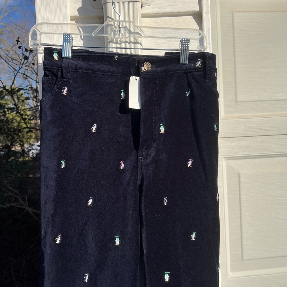 NWT Talbots Fun & Soft Navy Embroidered Penguins Velveteen Slimming Pants - Picture 1 of 6